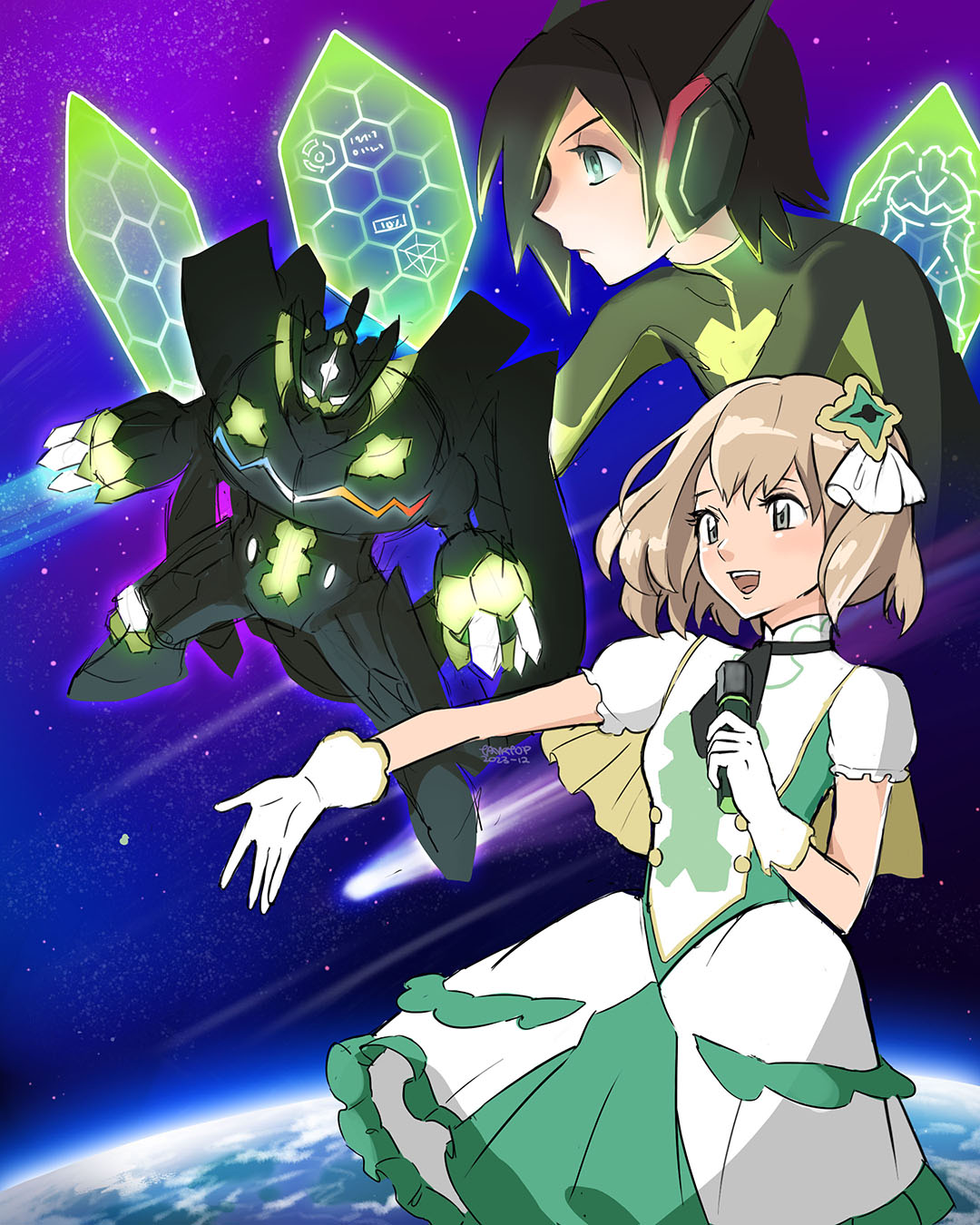 1boy 1girl alternate_color bodysuit calem_(pokemon) earth_(planet) gen_6_pokemon gloves highres hjay holding holding_microphone legendary_pokemon light_brown_hair microphone nintendo official_alternate_costume outstretched_arm planet pokemon pokemon_(creature) pokemon_masters_ex pokemon_xy serena_(pokemon) serena_(sygna_suit)_(pokemon) signature space star_(sky) white_gloves zygarde zygarde_(complete)