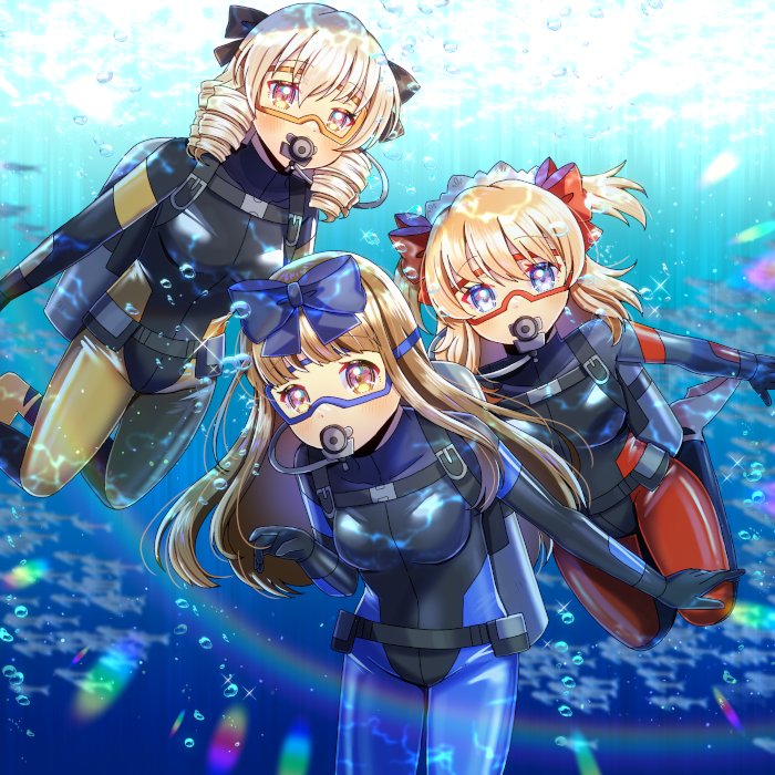 3girls black_wetsuit blonde_hair blue_eyes blue_wetsuit bodysuit bow breasts brown_eyes brown_hair brown_wetsuit commentary_request commission day diving_mask diving_suit drill_hair flippers goggles hair_between_eyes hair_bow kou_hiyoyo luna_child multiple_girls outdoors oxygen_tank red_bow red_eyes red_wetsuit scuba scuba_gear scuba_tank skeb_commission small_breasts star_sapphire sunny_milk touhou two_side_up underwater water wetsuit