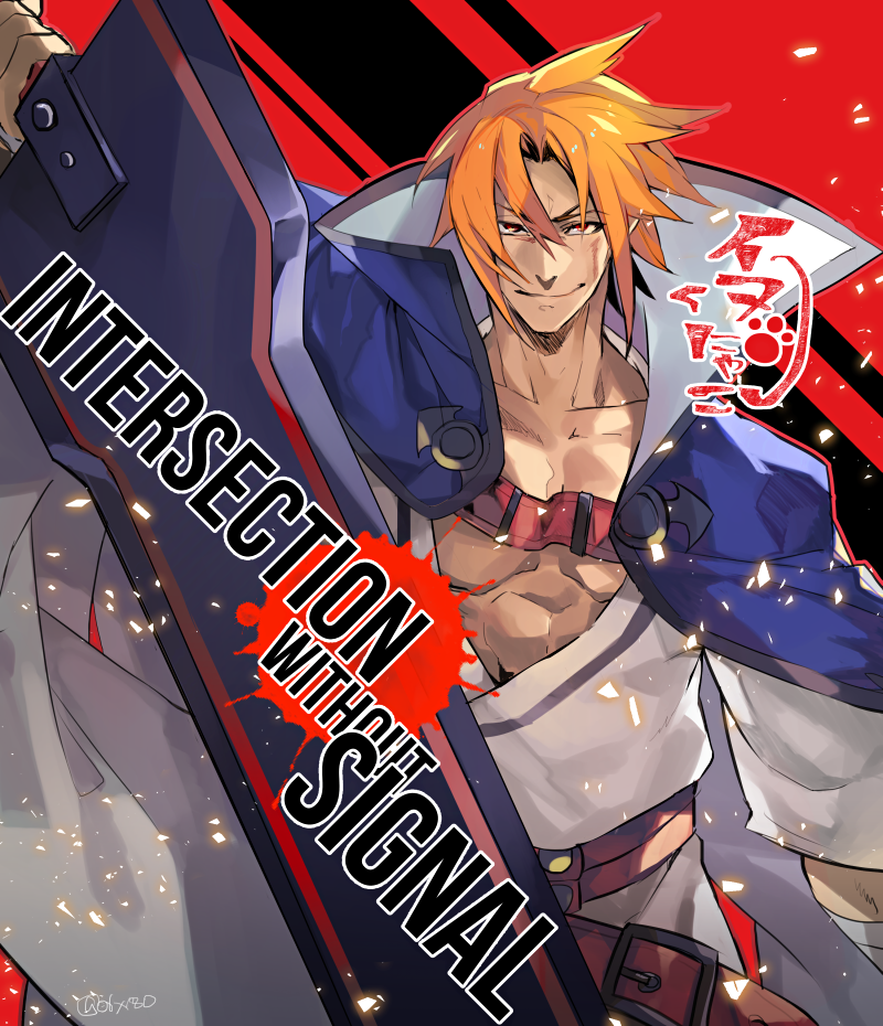 1boy bandages belt blazblue blazblue:_central_fiction cape eyebrows kagura_mutsuki looking_at_viewer male_focus orange_hair red_background red_eyes smile smug sword weapon