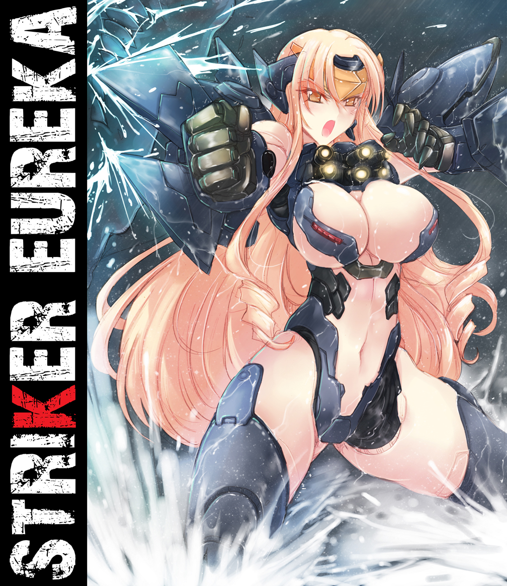 1girl 4.211_brass_knuckles android arm_blade armor assault_mount_3.25_sting-blades bikini_armor blonde_hair brass_knuckles breasts cannon center_opening character_name chest_cannon cleavage female_focus gun haganef jaeger_(pacific_rim) joints large_breasts legendary_pictures long_hair mecha mecha_musume mechanical_arms missile_launcher navel ocean orange_eyes pacific_rim pan_pacific_defense_corps personification revealing_clothes ringed_eyes robot robot_joints rocket_launcher solo striker_eureka sword thighhighs underboob very_long_hair water weapon wmb2x90_anti-kaiju_missile_launcher wrist_blades