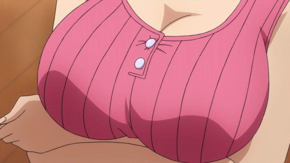 10s 1girl animated animated_gif binbougami_ga! breasts bursting_breasts cleavage crossed_arms female_focus large_breasts popped_button sakura_ichiko solo