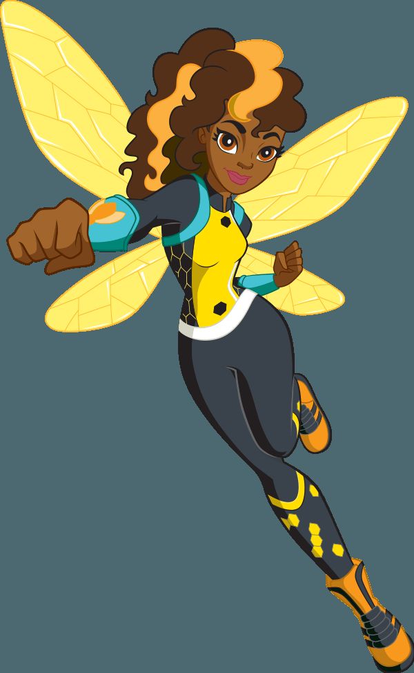 1girl artist_request backpack boots brown_eyes brown_hair bumble_bee dark_skin dc_comics full_body honeycomb_pattern insect_wings karen_beecher long_sleeves looking_at_viewer multicolored_hair orange_footwear source_request two-tone_hair wings
