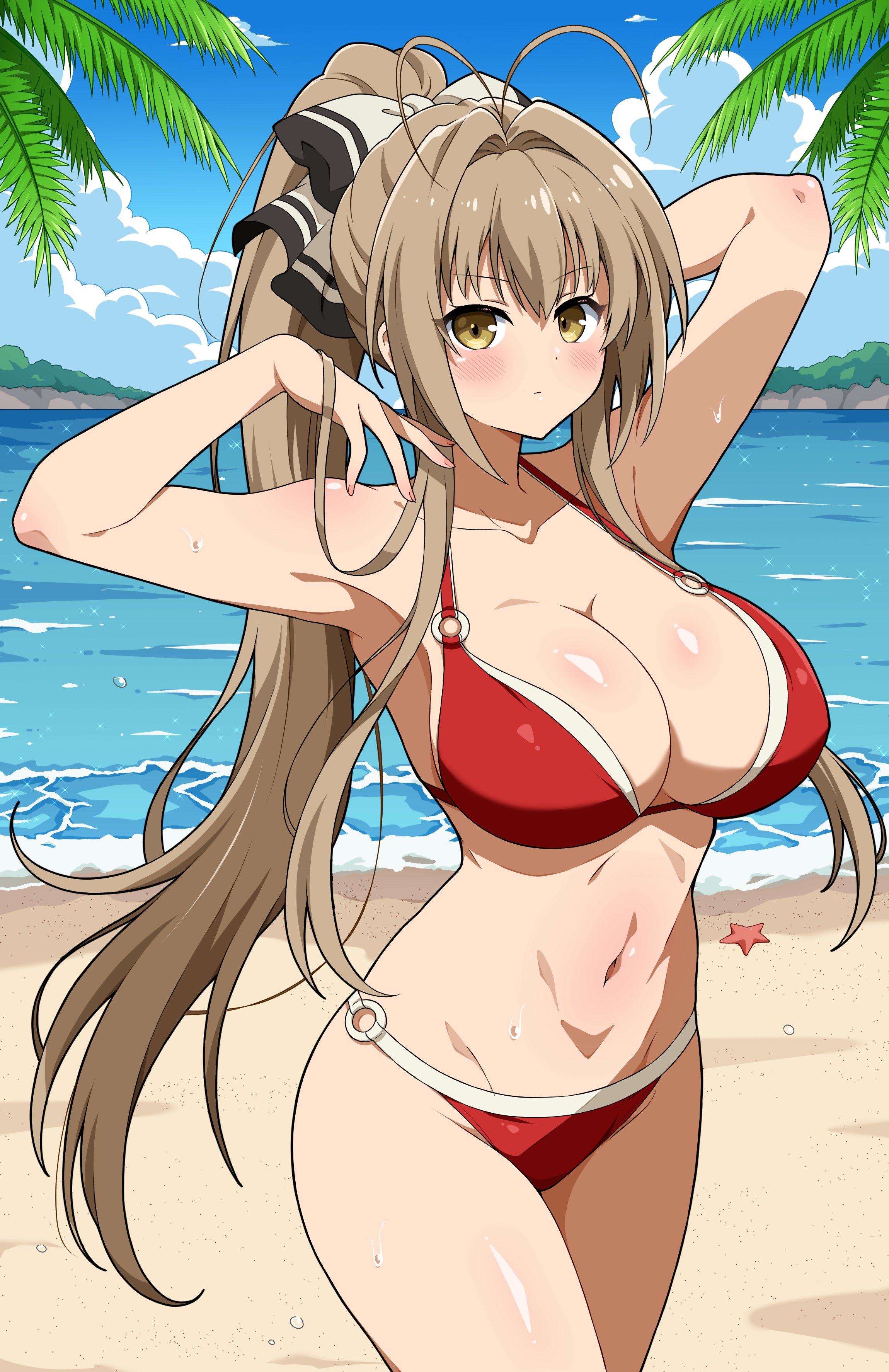 1girl absurdres amagi_brilliant_park antenna_hair beach bikini blue_sky blush breasts cleavage cloud collarbone commentary_request day eggman_(ni_tamagoex) feet_out_of_frame halterneck highres horizon large_breasts lineart long_hair navel o-ring o-ring_bikini ocean outdoors ponytail red_bikini ribbon sento_isuzu sky solo string_bikini swimsuit very_long_hair wet