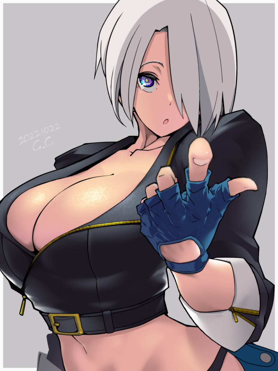 1girl angel_(kof) blowing_kiss bra breasts cleavage cropped_jacket fingerless_gloves gloves hair_over_one_eye highres jacket large_breasts leather leather_jacket looking_at_viewer makokujira navel snk strapless strapless_bra the_king_of_fighters the_king_of_fighters_xiv underwear