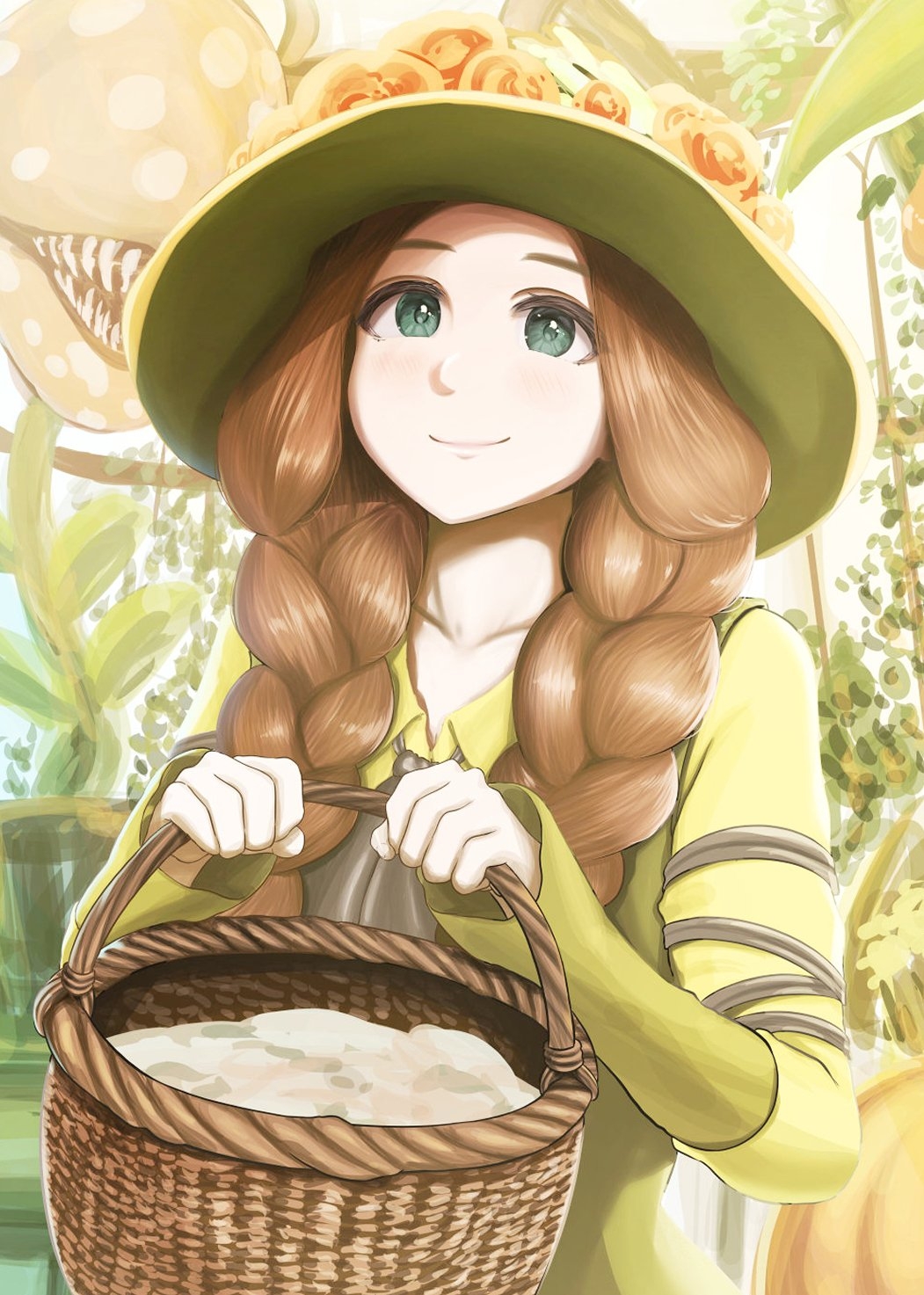 1girl animification basket braid carnivorous_plant dress flower green_dress green_eyes green_hat harry_potter_(series) hat hat_flower highres hogwarts_legacy holding holding_basket long_hair long_sleeves looking_at_viewer low_twin_braids mirabel_garlick naziproteinhall plant smile twin_braids witch_hat wizarding_world