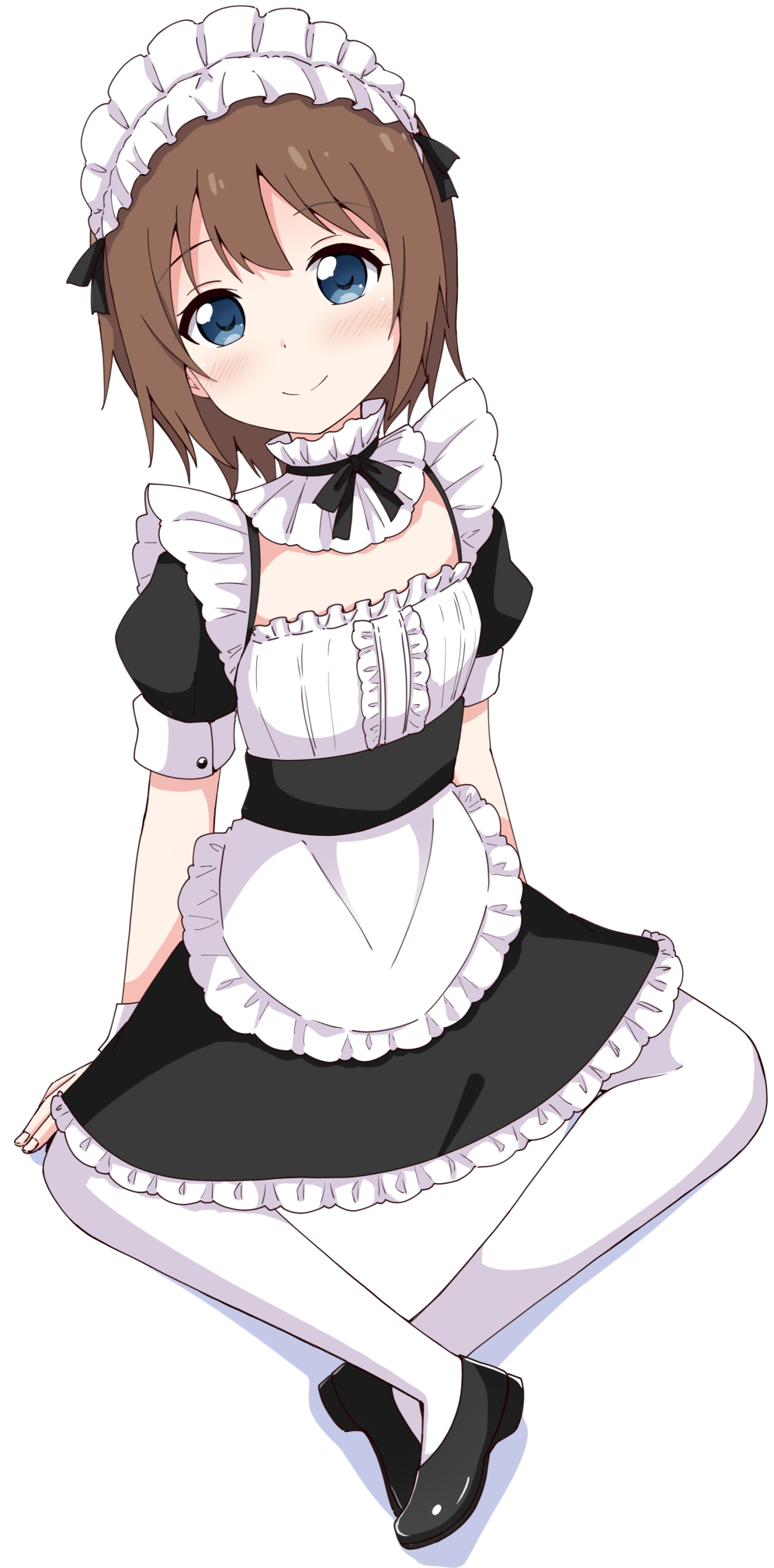 1girl aikawa_ryou alternate_costume apron black_shoes black_skirt blue_eyes blush brown_hair center_frills closed_mouth collarbone enmaided frilled_apron frilled_skirt frills full_body highres knees_apart_feet_together looking_at_viewer maid minamino_tsubasa pantyhose puffy_short_sleeves puffy_sleeves shadow shirt shoes short_sleeves simple_background sitting skirt smile solo white_apron white_background white_pantyhose white_shirt yuruyuri
