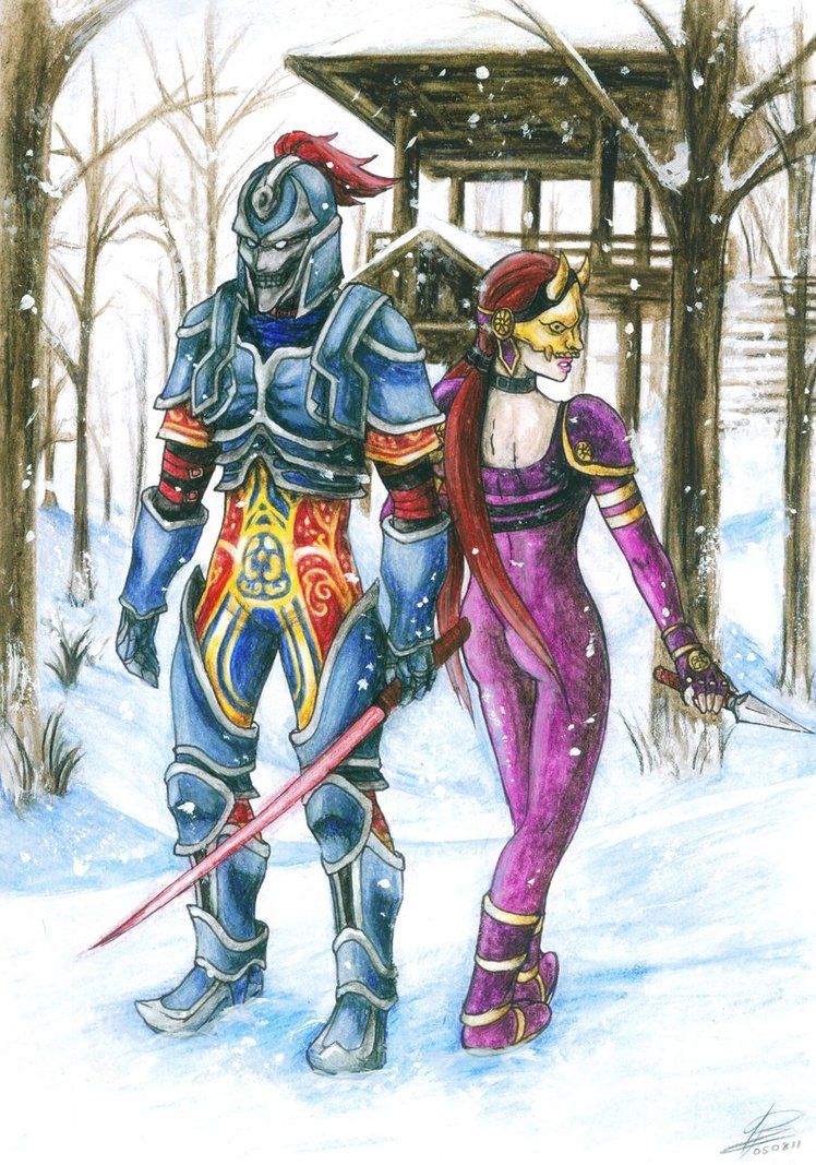 1boy 1girl anubis_the_jackal armor kunai kunimitsu_(tekken) namco ninjas sword tekken tekken_2 tekken_tag_tournament weapon yoshimitsu_(namco)