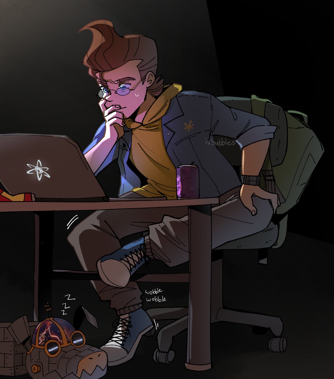 1boy aged_up backpack bag brown_hair chair computer desk glasses goddard_(jimmy_neutron) highres izzy_(izbubbles) jimmy_neutron jimmy_neutron_(series) male_focus non-humanoid_robot pants robot robot_animal robot_dog shirt shoes sitting sleeping white_background