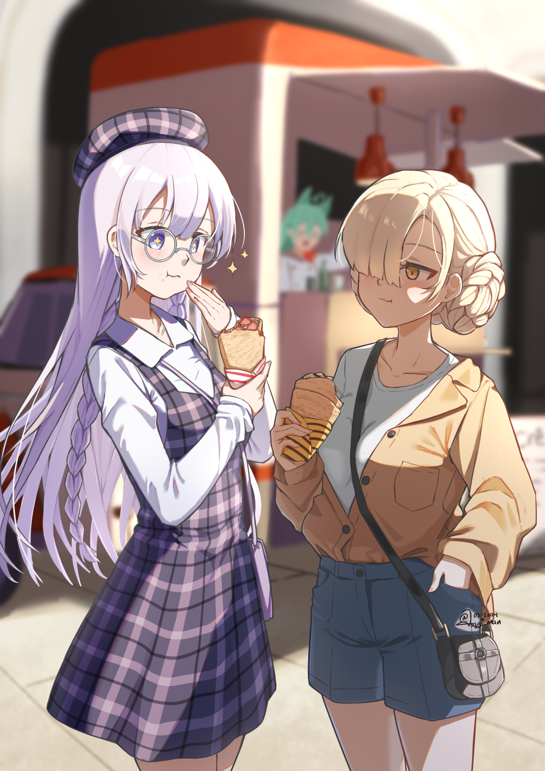 2024 3girls akashi_(azur_lane) alternate_costume animal_ears azur_lane blonde_hair blue_shorts braid breasts casual cat_ears cat_girl collared_shirt crepe dated dress eating edinburgh_(azur_lane) food green_hair hair_over_one_eye highres long_hair long_sleeves medium_breasts multiple_girls outdoors plaid_clothes plaid_dress plaid_headwear purple_dress purple_eyes purple_hair round_eyewear sheffield_(azur_lane) shirt shirt_tucked_in shirt_under_dress shirt_under_shirt shorts signature single_braid star-shaped_pupils star_(symbol) sundajin_asagi symbol-shaped_pupils white_shirt yellow_eyes yellow_shirt