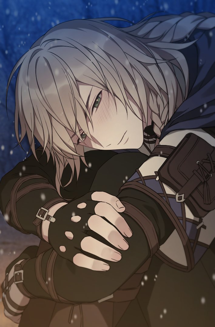 1boy black_gloves black_pants blonde_hair blue_cape blush braid cape closed_mouth commentary_request fingerless_gloves gloves grey_eyes head_on_knees hugging_own_legs korean_commentary loiscneach_(mabinogi) long_sleeves mabinogi male_focus multiple_braids pants parted_bangs pouch ray_(lthenray) shoulder_pouch side_braid sitting snowing solo