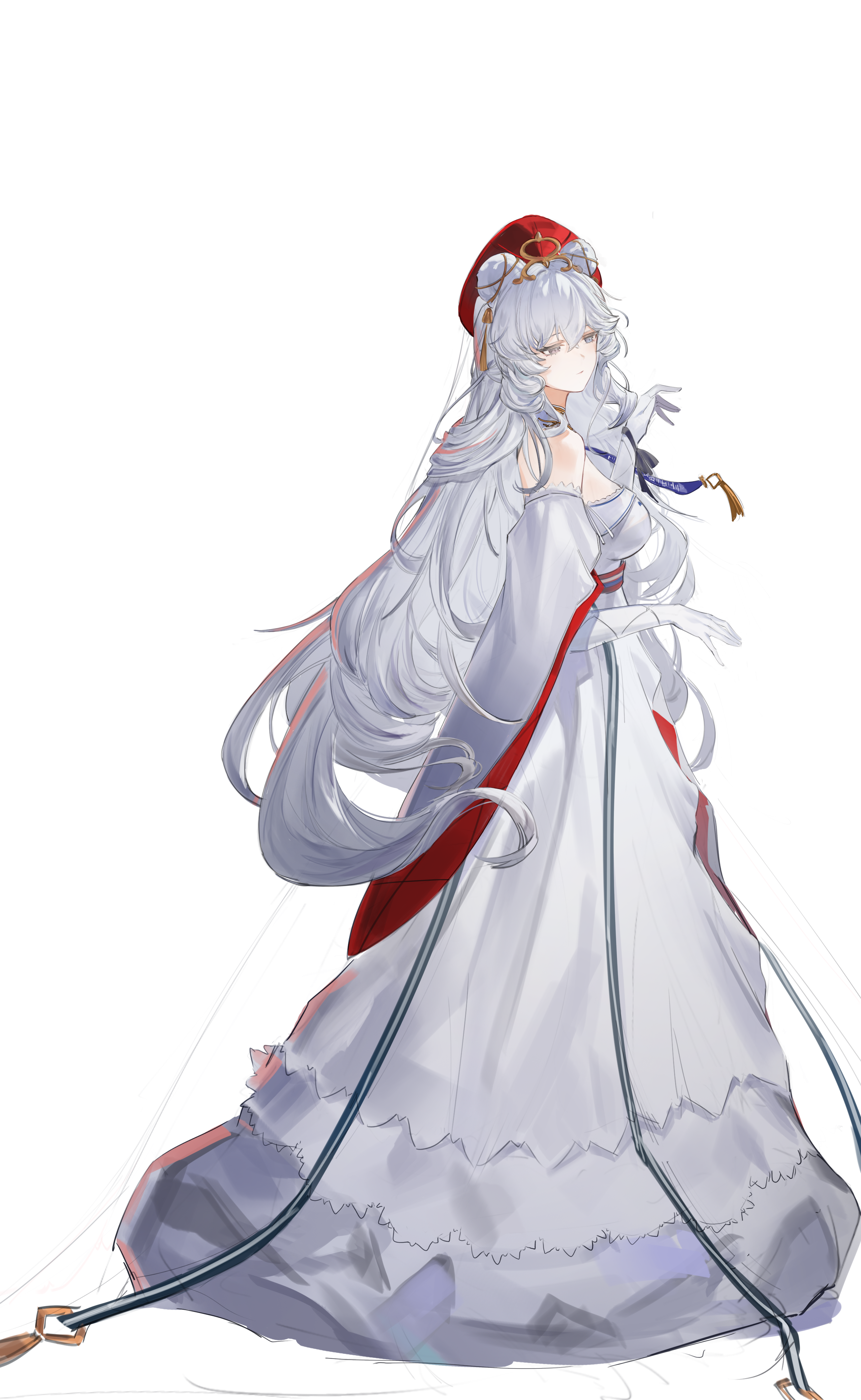 1girl :| absurdres alpha_transparency animal_ears arknights bare_shoulders bear_ears blue_eyes breasts closed_mouth detached_collar dress elbow_gloves expressionless flantia from_side full_body gloves hand_up hat heterochromia highres large_breasts long_dress off-shoulder_dress off_shoulder official_alternate_costume purple_eyes red_hat rosa_(arknights) rosa_(masterpiece)_(arknights) solo transparent_background white_dress white_gloves white_hair