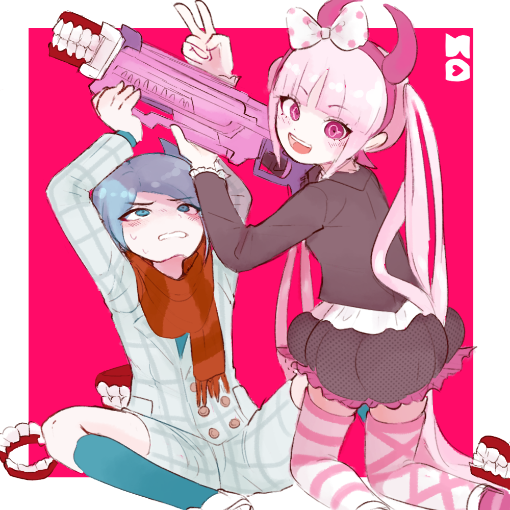 1boy 1girl black_dress blue_background blue_eyes blue_hair blue_horns blue_shirt blue_thighhighs blush calf_socks child danganronpa_(series) danganronpa_another_episode:_ultra_despair_girls dentures despair_sauce_(artist) dress fake_horns feet_out_of_frame frilled_dress frills full_body gun hairband headband headwear_request holding holding_weapon horned_headwear horns jacket kneeling launcher long_hair looking_at_viewer looking_up medium_hair multicolored_background on_floor open_mouth orange_scarf pink_background pink_eyes pink_footwear pink_hair pink_hairband pink_headband pink_headwear pink_horns pink_stripes plaid_clothes plaid_jacket plaid_shorts reaching reaching_up scarf shingetsu_nagisa shirt shorts simple_background sitting striped_clothes striped_thighhighs teeth thighhighs tongue upper_teeth_only utsugi_kotoko v weapon white_footwear white_stripes