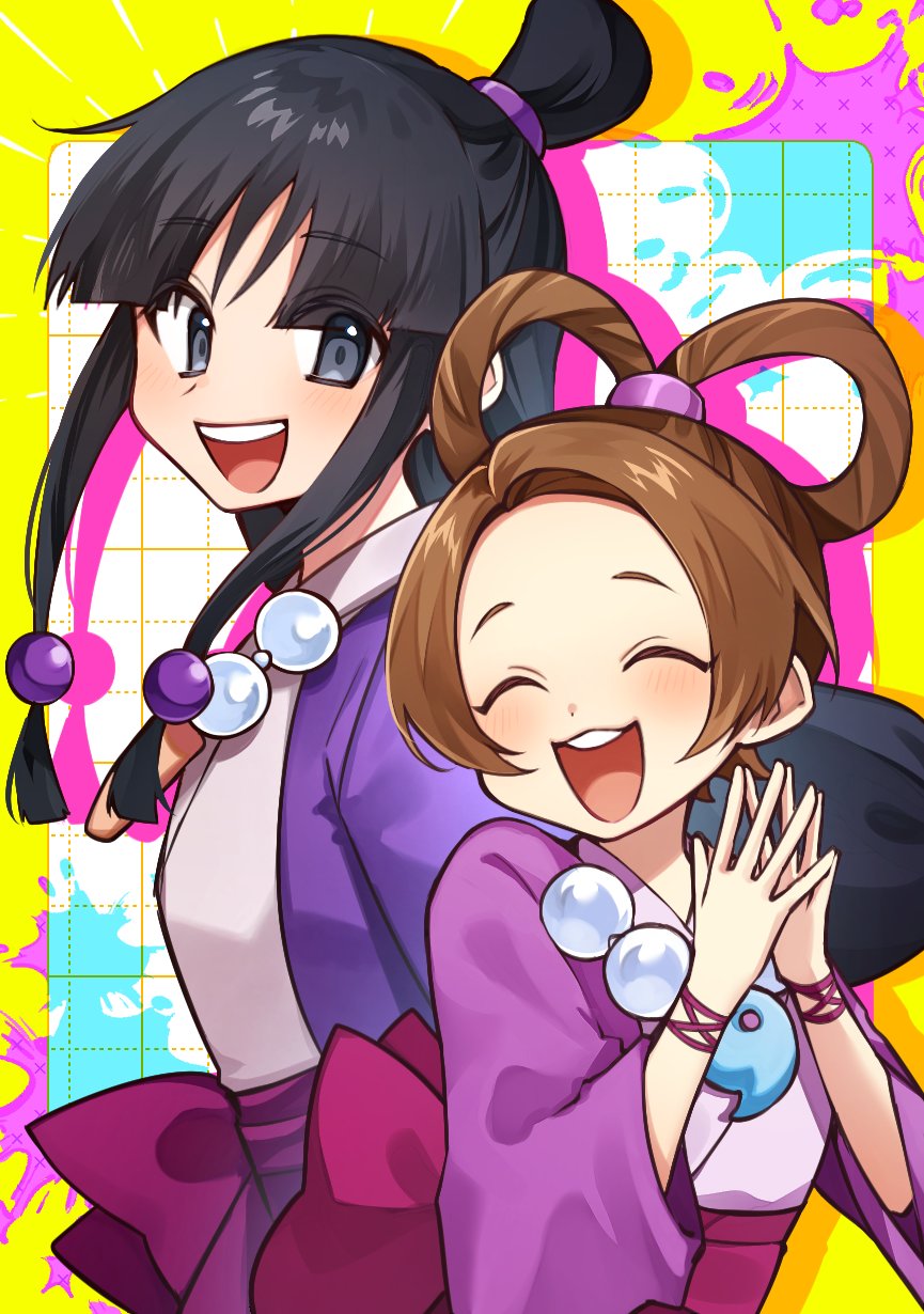 2girls :d ^_^ ace_attorney asymmetrical_hair bead_necklace beads black_hair border bracelet brown_hair closed_eyes colored_shadow cousins curtained_hair grid_background hair_beads hair_ornament hair_rings hanten_(clothes) highres jacket japanese_clothes jewelry kimono light_blush long_hair low-tied_sidelocks magatama magatama_necklace maya_fey multiple_girls necklace open_mouth own_hands_together paint_splatter pearl_fey pink_jacket purple_jacket purple_sash sash shadow sidelocks smile topknot tsumikitsuki_(katsuobushi) white_background white_kimono wide_sleeves yellow_border