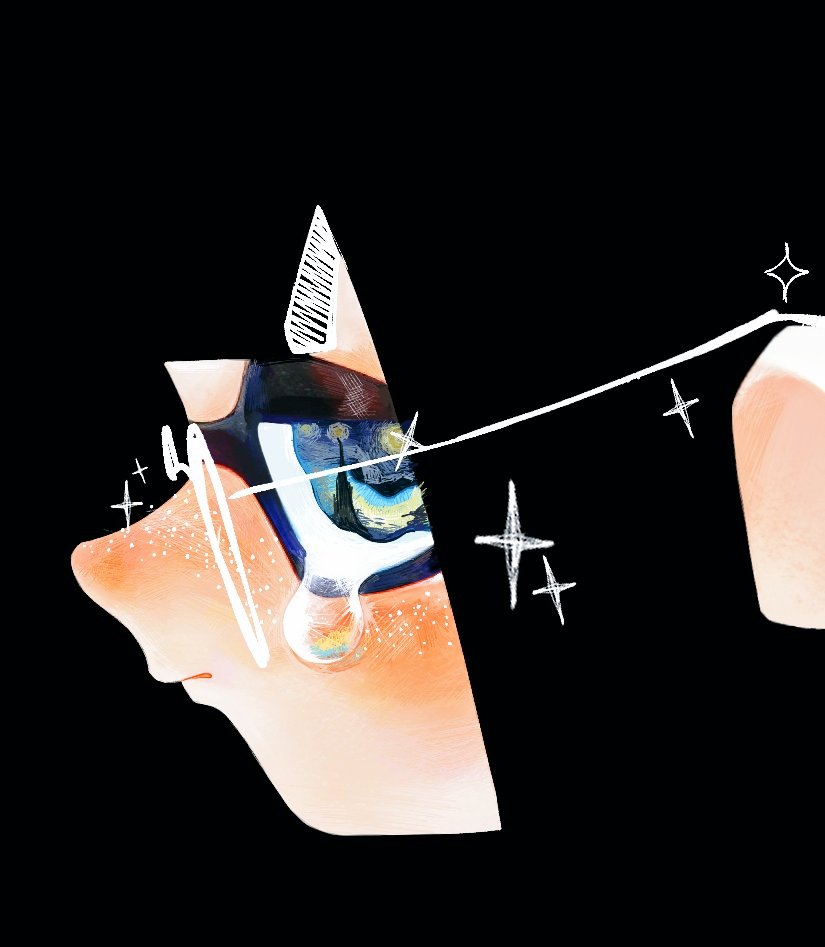 1girl black_background black_hair blue_eyes closed_mouth crying crying_with_eyes_open from_side glasses inkling inkling_girl inkling_player_character nintendo ouoxz0t881876 simple_background solo splatoon_(series) starry_night_(van_gogh) tears upper_body wavy_eyes white-framed_eyewear