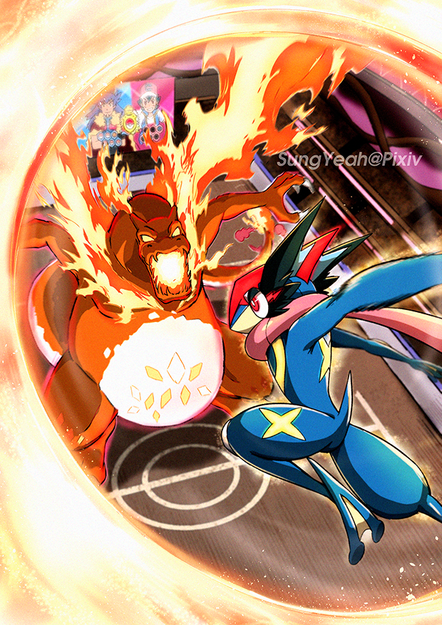 ash-greninja ash_ketchum bright_pupils charizard claws commentary_request dynamax fire gen_1_pokemon gen_6_pokemon gigantamax gigantamax_charizard greninja leon_(pokemon) nintendo open_mouth pixiv_username pokemon pokemon_(anime) pokemon_(creature) pokemon_journeys red_eyes stadium sungyeah tongue watermark white_pupils