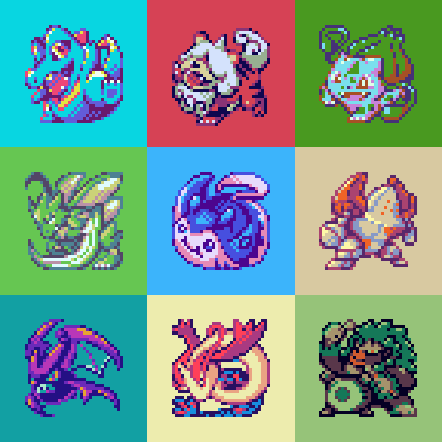 blue_eyes bright_pupils bulbasaur claws crobat drum drumsticks fangs game_freak gen_1_pokemon gen_2_pokemon gen_3_pokemon gen_8_pokemon highres hisuian_growlithe holding holding_drumsticks horns instrument legendary_pokemon mantine milotic mope_dotpict nintendo no_humans open_mouth pixel_art plant pokemon pokemon_(creature) red_eyes regirock rillaboom scyther sharp_teeth single_horn smile standing standing_on_one_leg teeth totodile vines white_pupils
