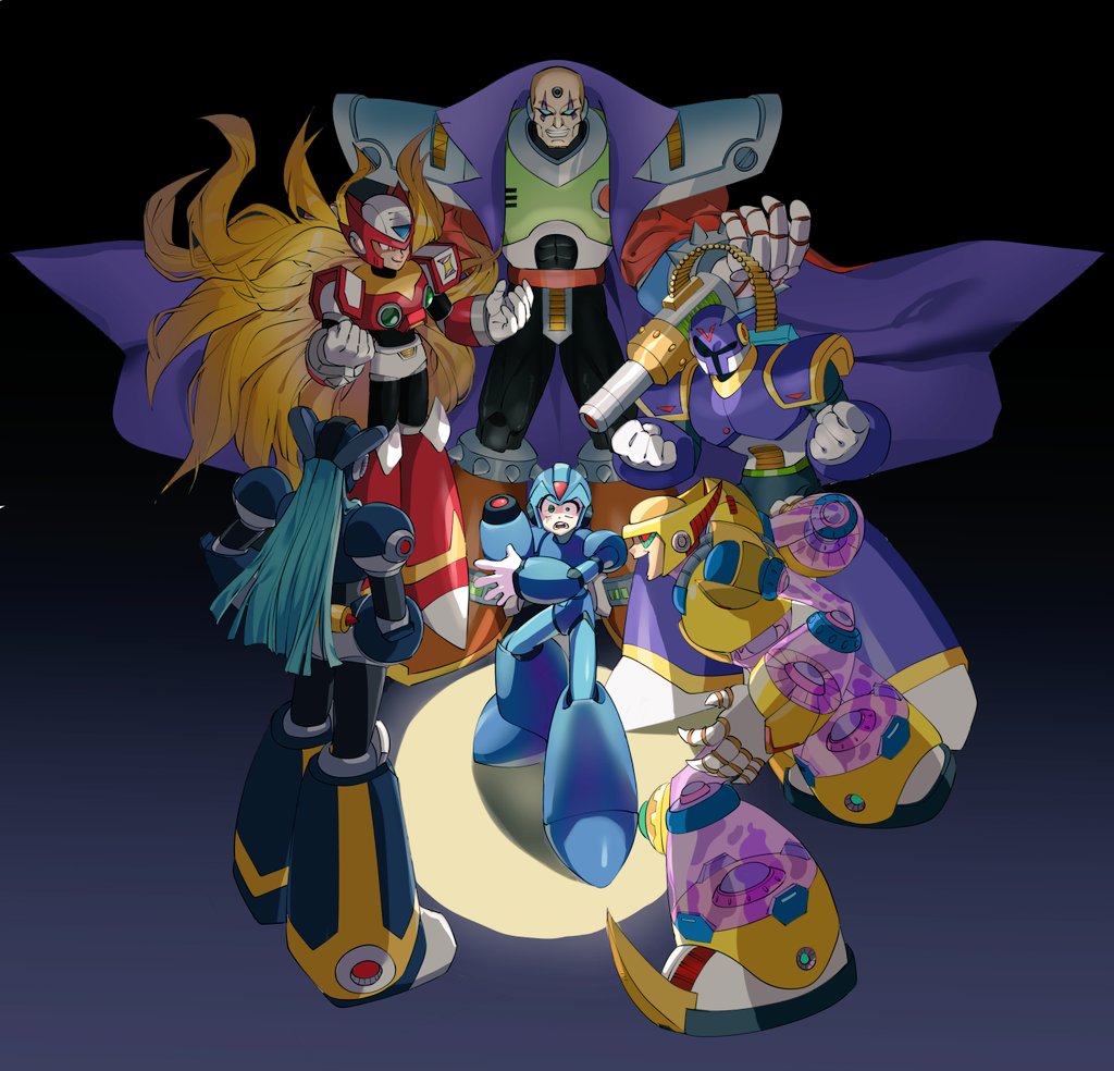 6+boys arm_cannon armor black_background blonde_hair blue_armor blue_hair blue_helmet cape chest_jewel double_(mega_man) dynamo_(mega_man) floating_hair forehead_jewel green_armor group_picture helmet long_hair male_focus mega_man_(series) mega_man_x1 mega_man_x4 mega_man_x5 mega_man_x_(series) multiple_boys nanhui_aria no_eyebrows purple_armor purple_helmet red_armor red_cape red_helmet shoulder_cannon sigma_(mega_man) simple_background standing very_long_hair vile_(mega_man) weapon x_(mega_man) yellow_armor yellow_helmet zero_(mega_man)