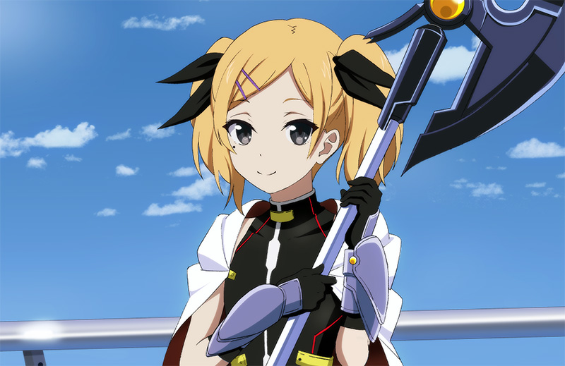 1girl bardiche_(bullova_form)_(nanoha) bardiche_(nanoha) black_eyes blonde_hair cosplay fate_testarossa fate_testarossa_(blaze_form) fate_testarossa_(cosplay) hiro_23_kura lavoy_(kurakuro) lyrical_nanoha magical_girl mahou_shoujo_lyrical_nanoha mahou_shoujo_lyrical_nanoha_the_movie_1st mole mole_under_eye shirobako short_hair yano_erika