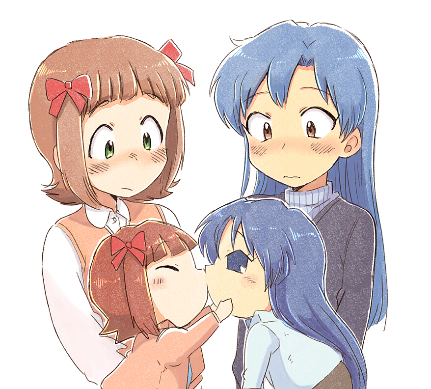 4girls amami_haruka blue_hair blue_sclera blush bow brown_eyes brown_hair chibi chihyaa closed_eyes closed_mouth collared_shirt colored_sclera green_eyes hair_bow haruka-san idolmaster idolmaster_(classic) kisaragi_chihaya kiss long_hair looking_at_another multiple_girls puchimasu! red_bow shirt short_hair simple_background sweater tsubobot turtleneck turtleneck_sweater upper_body vest white_background yuri