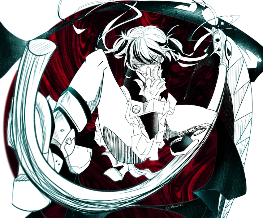 1girl bending collared_shirt crazy_eyes crazy_smile gloves holding holding_scythe holding_weapon living_weapon maka_albarn reia-reusu-ace school_uniform scythe shirt skirt smile soul_eater twintails twitter_username weapon white_gloves wrist_cuffs