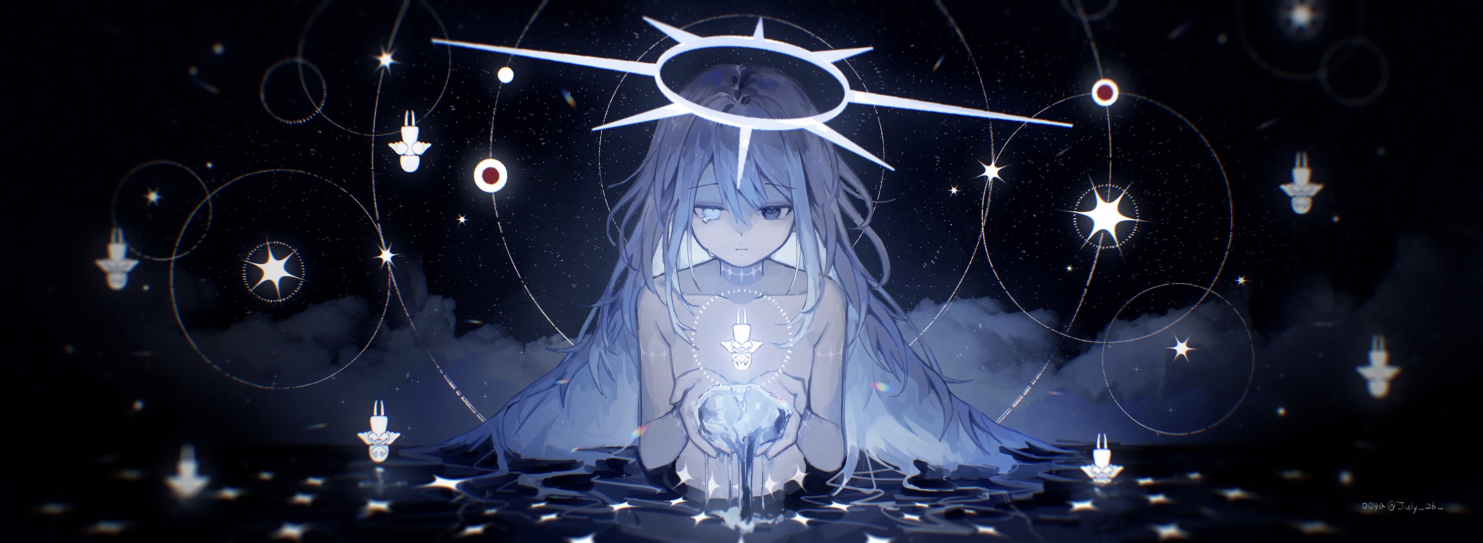 6+others androgynous black_eyes blue_eyes blue_hair cupping_hands dripping_eye glowing glowing_halo halo heterochromia highres long_hair mili_(band) multiple_others ooya_(july_26) own_hands_together solar_system solo_focus stitched_neck stitches tearing_up topless_other torino_(mili)