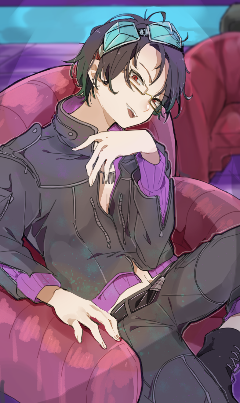 1boy black_hair glasses gnosia goggles green_hair highres jewelry long_sleeves looking_at_viewer male_focus necklace pants sha-ming shirt short_hair sitting smile solo spikumin2 zipper