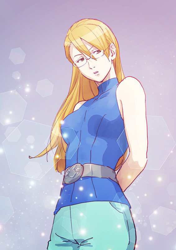 1girl ace_attorney adrian_andrews arms_behind_back bare_shoulders belt blonde_hair blue_pants breasts brown_eyes commentary_request glasses grey_background grey_belt hair_between_eyes long_hair looking_to_the_side medium_breasts pants parted_lips phoenix_wright:_ace_attorney_-_justice_for_all sleeveless sleeveless_turtleneck solo standing taba_(tb_gya) turtleneck