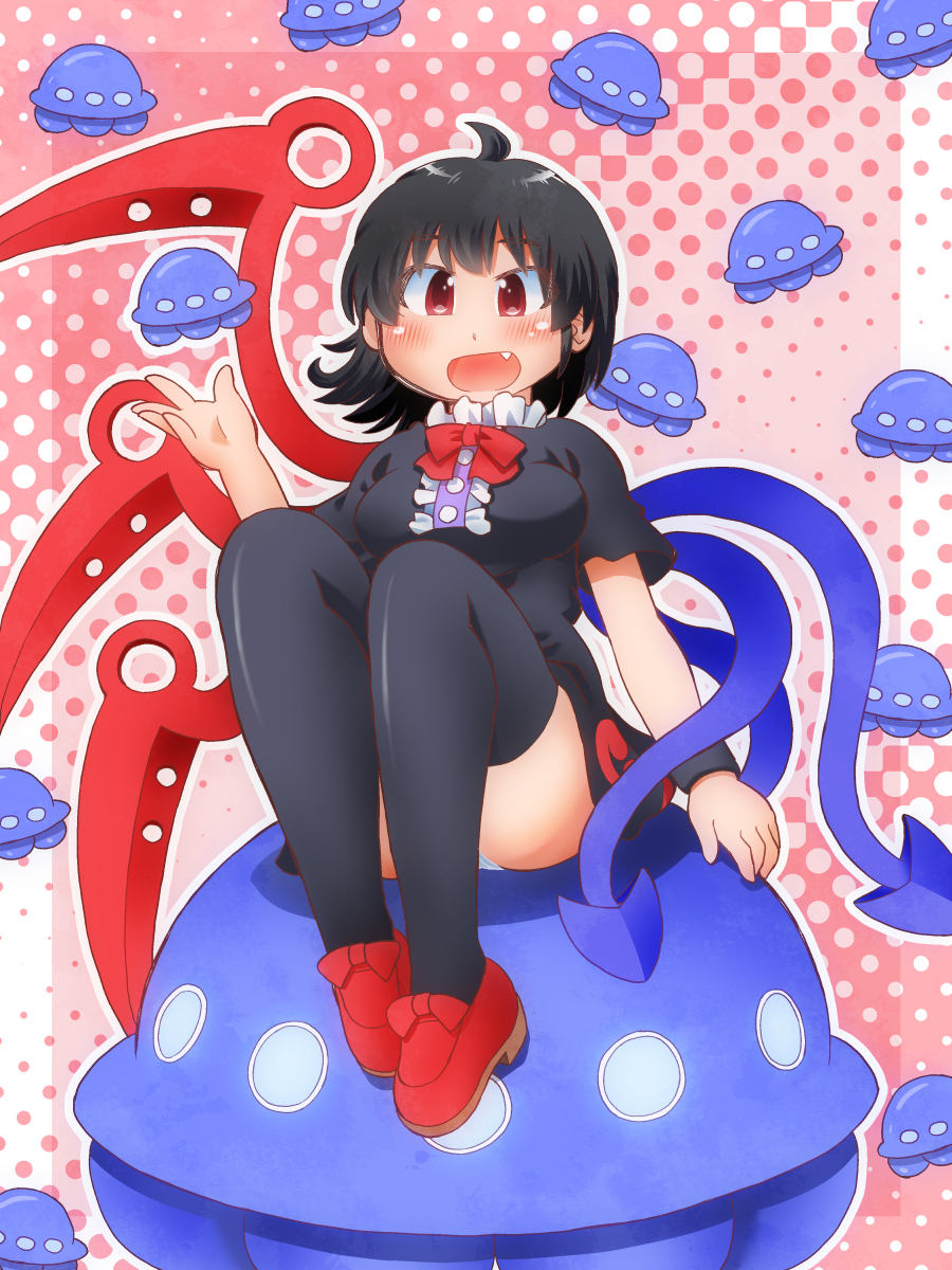 1girl ahoge asymmetrical_wings black_dress black_hair blue_wings blush bow bowtie breasts buttons center_frills commentary_request dress fang footwear_bow frilled_dress frills full_body highres houjuu_nue loafers looking_at_viewer matty_(zuwzi) medium_breasts nue_day open_mouth outline panties pantyshot pink_background polka_dot polka_dot_background red_bow red_bowtie red_eyes red_shoes red_wings shoes short_dress short_hair short_sleeves sitting smile solo thighhighs tomoe_(symbol) touhou ufo underwear white_outline white_panties wings