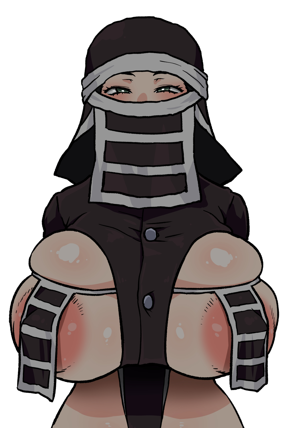 1girl areola_slip breast_curtains breasts covered_erect_nipples covered_mouth henriiku_(ahemaru) highres huge_breasts kakushi_(kimetsu_no_yaiba) kimetsu_no_yaiba large_areolae simple_background skindentation solo squinting upper_body white_background