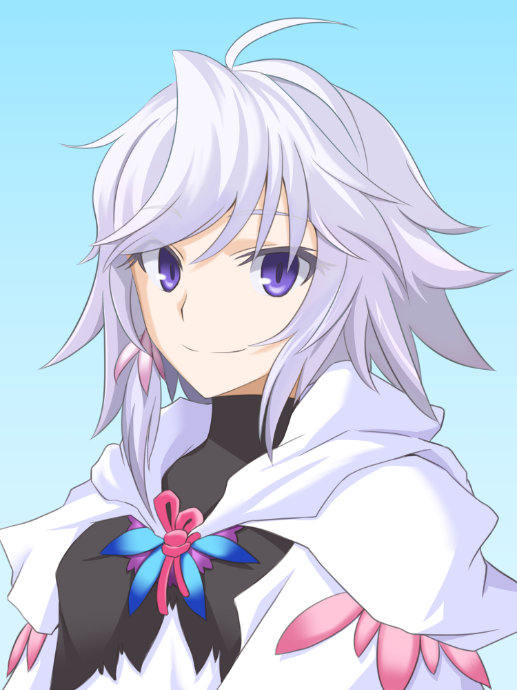 1girl ahoge blue_background fate/grand_order fate/stay_night fate_(series) female_focus galsink genderswap genderswap_(mtf) hood hood_down kawasumi_ayako long_hair merlin_(fate/prototype) merlin_(fate/stay_night) purple_eyes robe short_hair simple_background smile solo upper_body white_hair
