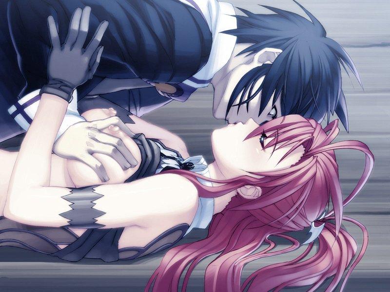 bench black_hair blush breasts closed_eyes couple formal_clothes gloves grabbing_another&#039;s_breast groping ignis_(jingai_makyou) jingai_makyou katsuki_kumon kiss long_hair lying nipples nitroplus on_back ponytail red_hair short_hair suit surprised very_long_hair