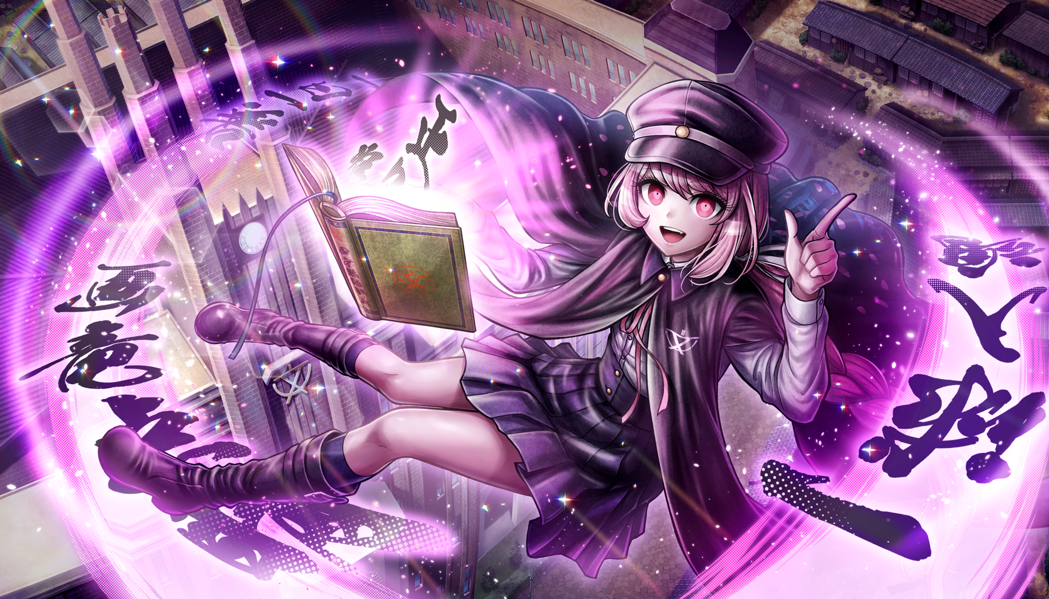 1girl :d black_cloak black_hat black_skirt book boots braid cloak fang floating floating_book floating_object gakuseibou hat highres kneehighs long_hair looking_at_viewer non-web_source official_art open_mouth pink_eyes pink_hair pleated_skirt semba_tsuruko skirt smile socks solo tribe_nine