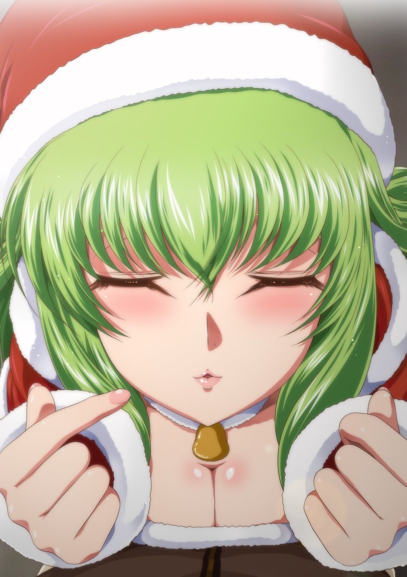 1girl bell breasts c.c. capelet christmas closed_eyes code_geass female_focus fur_trim green_hair incoming_kiss kaname_aomame light_blush lips long_hair medium_breasts nail_polish red_capelet shiny_skin