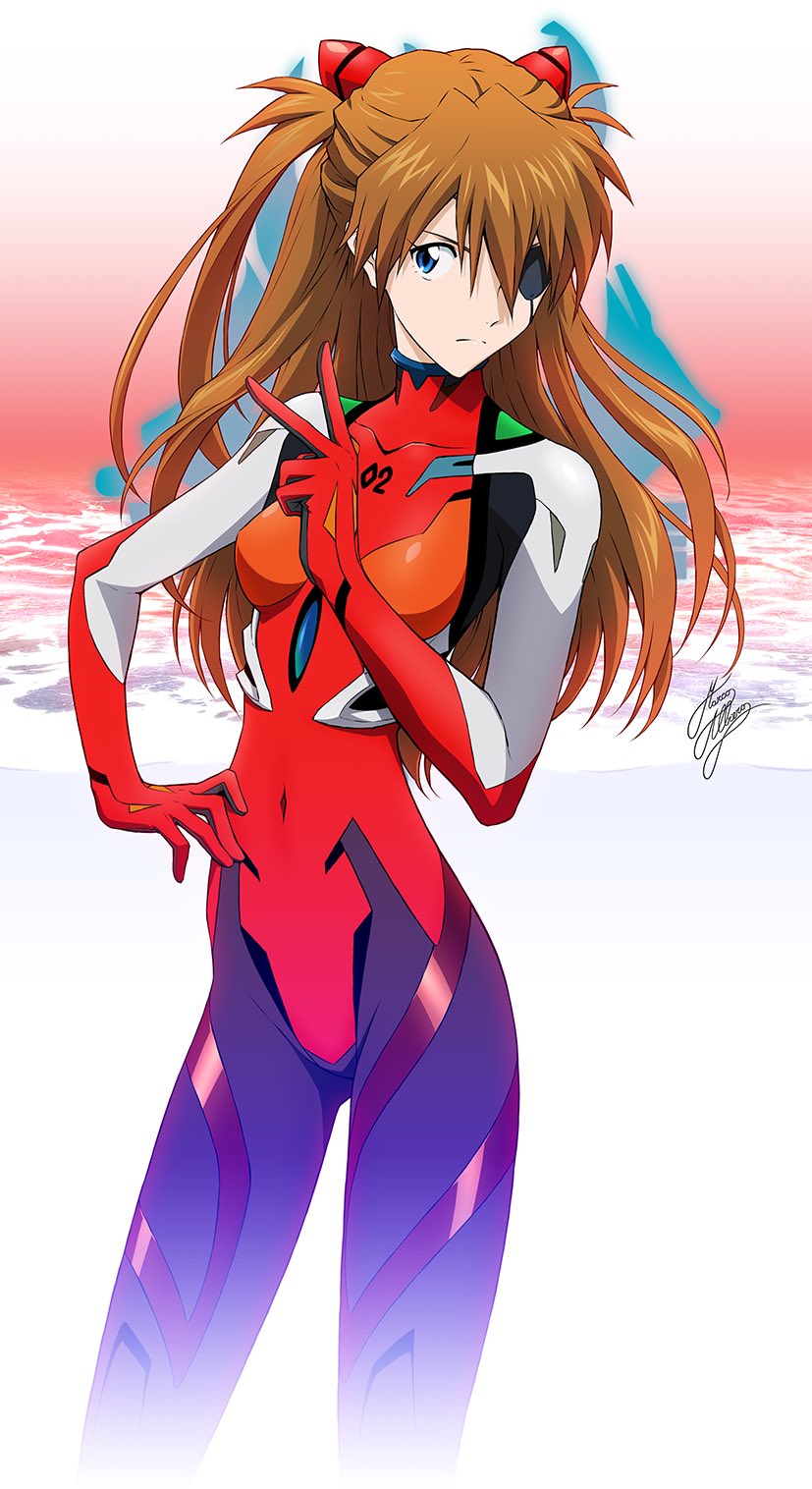1girl blue_eyes bodysuit breasts brown_hair evangelion:_3.0_you_can_(not)_redo eyepatch hair_over_one_eye hand_on_own_hip highres interface_headset_(evangelion) long_hair marco_albiero mecha_pilot_suit medium_breasts multicolored_bodysuit neon_genesis_evangelion plugsuit_(evangelion) rebuild_of_evangelion signature skin_tight solo souryuu_asuka_langley v