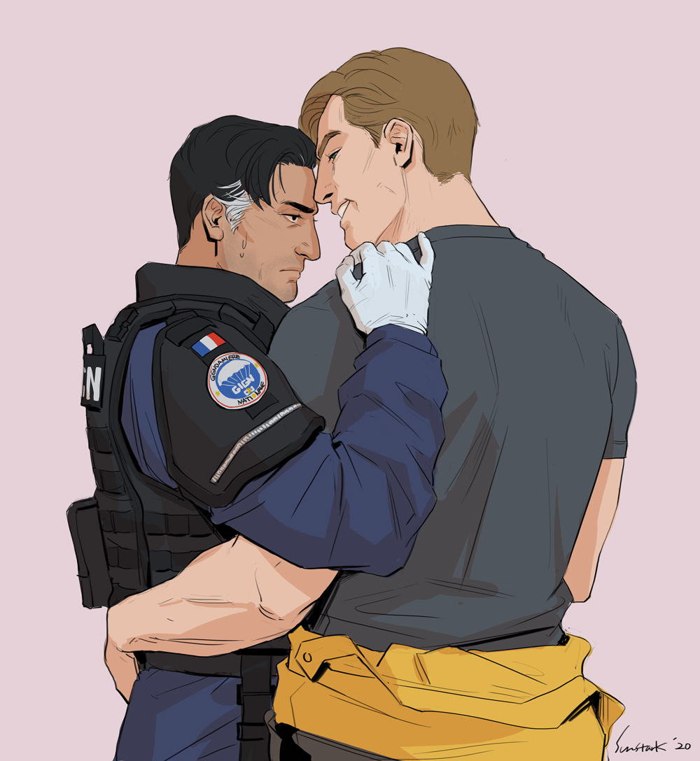 2boys arm_around_waist black_hair black_shirt black_vest blue_jumpsuit brown_hair closed_eyes clothes_around_waist commentary_request doc_(rainbow_six_siege) french_flag gign gloves grey_hair grin hand_on_another&#039;s_shoulder jumpsuit jumpsuit_around_waist korean_commentary lion_(rainbow_six_siege) looking_ahead male_focus multicolored_hair multiple_boys rainbow_six_siege shirt short_sleeves simple_background smile sun_stark t-shirt teeth upper_body vest white_gloves yaoi