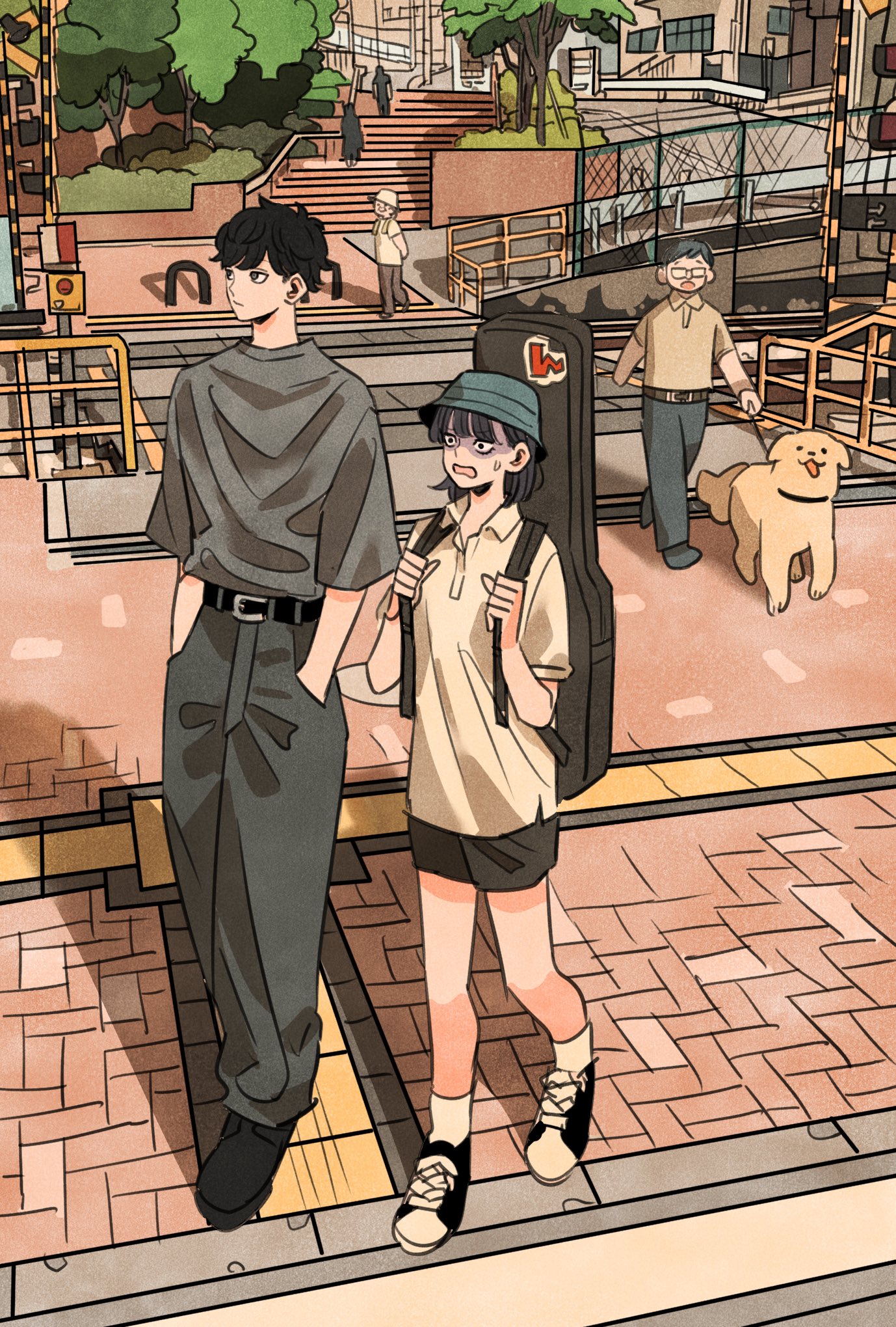 2boys 2girls 2others :o arms_behind_back belt black_belt black_eyes black_hair black_pants black_shorts blunt_bangs boom_barrier bucket_hat bush chain-link_fence city closed_mouth collared_shirt commentary_request day dog fence full_body futsuu_no_keion-bu glasses grandmother_and_grandson grey_shirt guard_rail guitar_case hands_in_pockets hat hatono_chihiro height_difference highres holding_strap instrument_case mizuo_haruichi multiple_boys multiple_girls multiple_others nervous old old_woman open_mouth outdoors pants pet_walking railing railroad_crossing railroad_tracks road sanpaku shaded_face shirt short_hair short_sleeves shorts socks stairs standing street sweatdrop takeuchi_ryousuke tree walking wavy_hair white_shirt white_socks