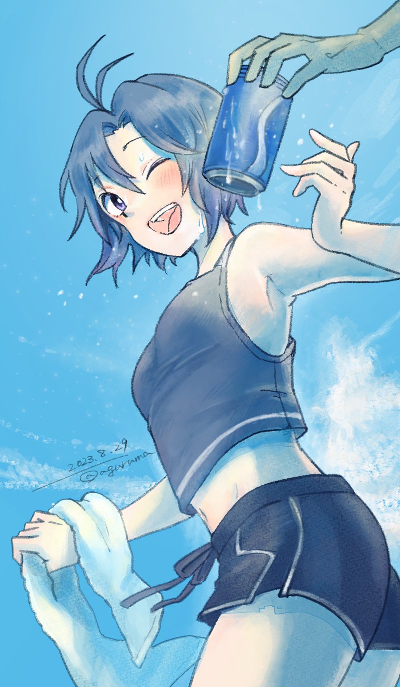 aguruma_p antenna_hair black_hair black_shirt can cloud cloudy_sky drink drink_can gym_shorts highres idolmaster idolmaster_(classic) kikuchi_makoto one_eye_closed open_mouth parted_bangs purple_eyes shirt shorts sidelocks sky soda_can sweat tank_top towel