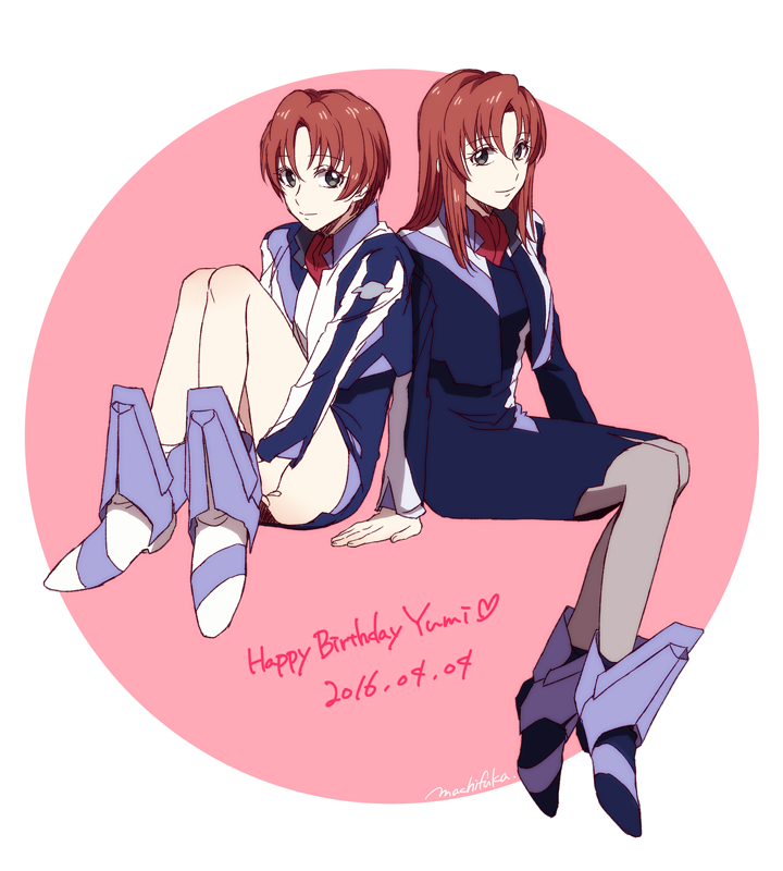 10s 2016 2girls arm_support boots character_name cropped_jacket dated dual_persona grey_eyes grey_legwear happy_birthday hugging_own_legs ikoma_yumi invisible_chair jacket long_hair long_sleeves looking_at_viewer machi_fuka multiple_girls pantyhose red_hair short_hair signature sitting skirt smile soukyuu_no_fafner uniform