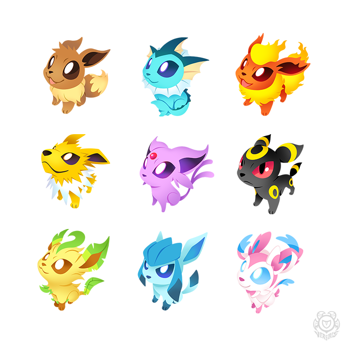 black_eyes blue_eyes bright_pupils brown_eyes chibi closed_mouth colored_sclera eevee espeon flareon full_body gen_1_pokemon gen_2_pokemon gen_4_pokemon gen_6_pokemon glaceon jolteon leafeon looking_up nintendo no_humans open_mouth pokemon pokemon_(creature) purple_eyes red_eyes red_sclera sitting smile standing sylveon umbreon vaporeon versiris white_pupils