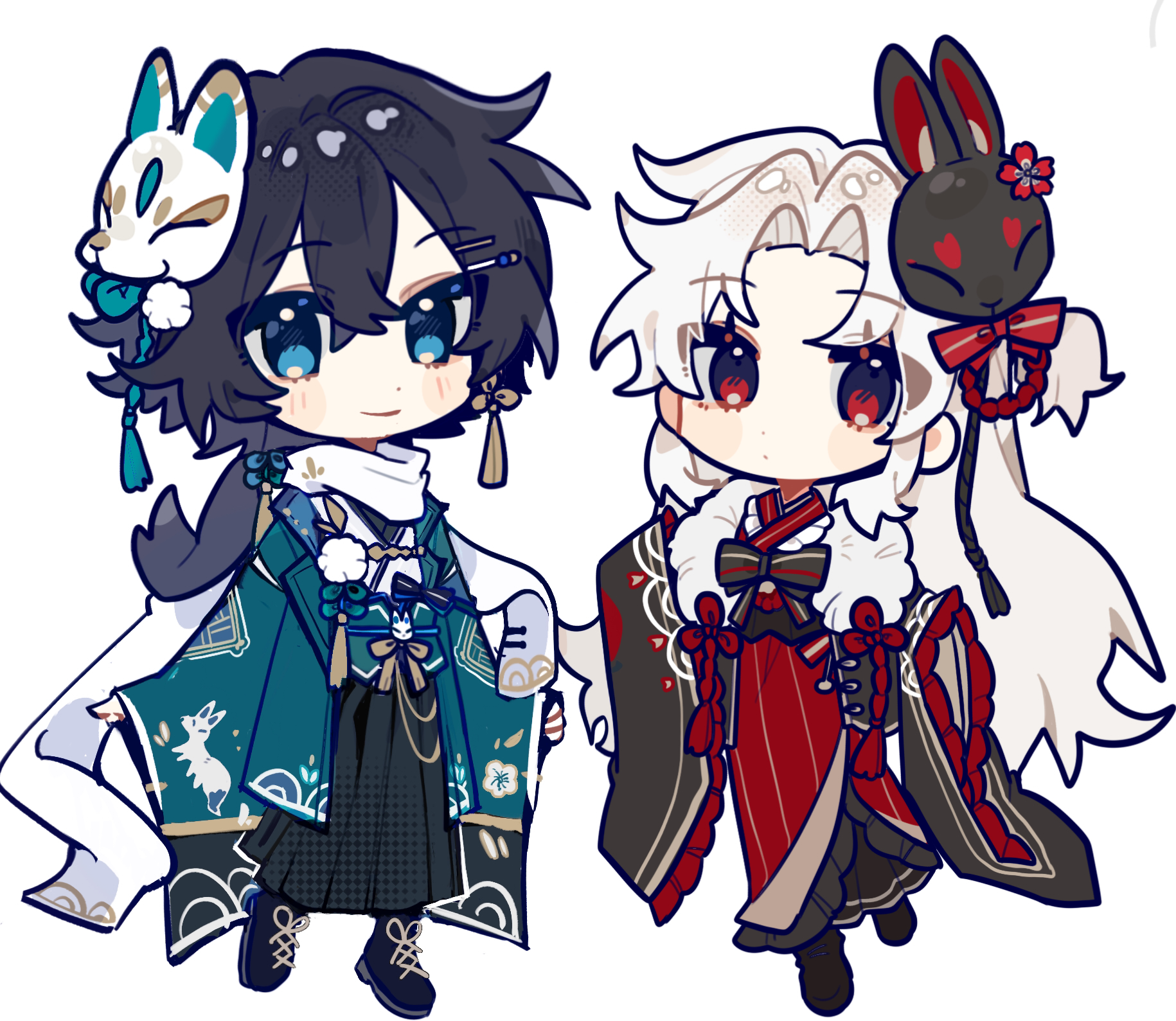 1girl 1other aqua_jacket artist_request black_bow black_footwear black_hair black_hakama blue_eyes borrowed_character bow chibi chibi_only chinese_knot closed_mouth commission crossed_bangs curtained_hair dot_mouth dot_nose double-parted_bangs earrings flower_knot fold-over_collar fox_mask full_body fur_collar furisode furisode_sleeves gender_request hair_between_eyes hakama hakama_skirt highres jacket japanese_clothes jewelry kimono light_smile long_hair looking_at_viewer mask mask_on_head one_side_up original pom_pom_(clothes) rabbit_mask red_eyes scarf second-party_source side-by-side side_cross-laced_footwear side_ponytail simple_background single_earring skirt sweater_guard tassel tassel_earrings white_background white_hair white_scarf wide_sleeves