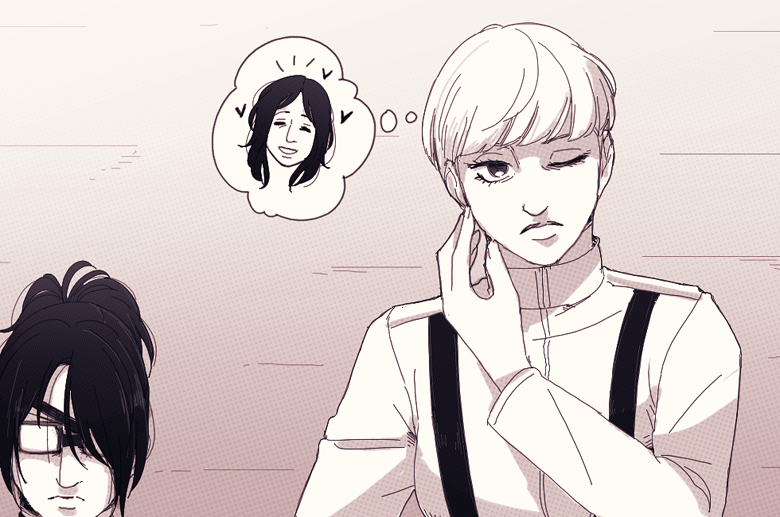 1other 2girls bowl_cut breasts commentary eyepatch frown goggles greyscale hange_zoe hanpetos heart medium_breasts monochrome multiple_girls one_eye_closed pieck_finger ponytail sepia shingeki_no_kyojin short_hair speech_bubble thought_bubble yelena_(shingeki_no_kyojin)