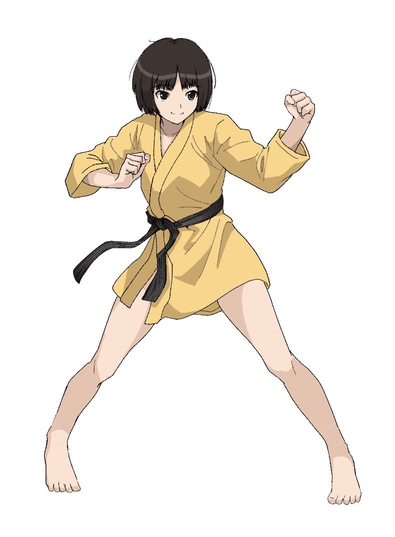 1girl amagami barefoot belt black_belt black_sash bob_cut breasts brown_eyes brown_hair clenched_hands closed_mouth dougi fighting_stance full_body gyuunyuu_pack_(tanaka) japanese_clothes karate karate_gi kimono legs_apart long_sleeves looking_afar looking_ahead loose_hair_strand messy_hair no_pants obi sash short_hair short_kimono simple_background small_breasts smile solo standing tachibana_miya toes white_background yellow_kimono
