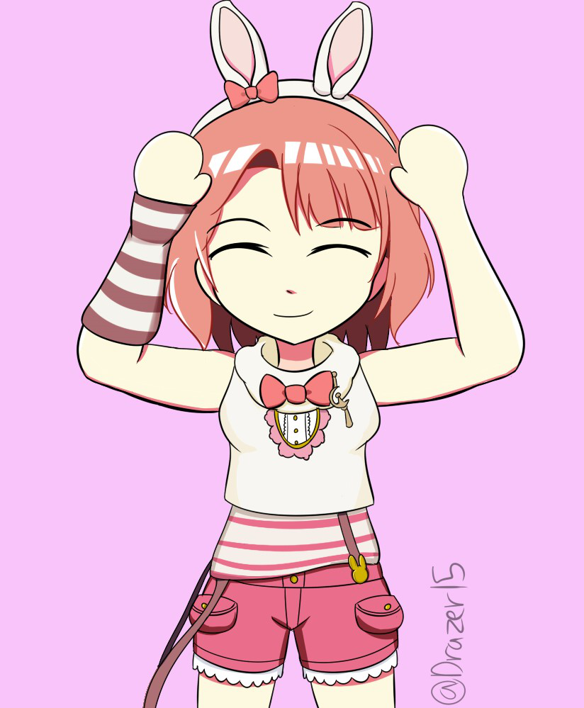 1girl animal_ears animal_print arm_warmers artist_name artist_request bare_shoulders blush bow bowtie braid braided_bun breasts buttons closed_eyes cowboy_shot crescent_moon crescent_moon_symbol cropped_vest detached_sleeves exciting_animal_(love_live!) fake_animal_ears female_focus fur-trimmed_shorts fur_trim hair_bow hair_bun hairband hood hooded_vest hoodie looking_at_viewer love_live! love_live!_nijigasaki_high_school_idol_club love_live!_school_idol_festival love_live!_school_idol_festival_all_stars moon orange_hair pants parted_lips pink_background pink_bow pink_shirt rabbit_ears rabbit_print rabbit_tail red_bow red_hair red_shorts shirt short_hair short_pants short_shorts shorts side_bun single_detached_sleeve single_side_bun sleeveless sleeveless_hoodie small_breasts smile solo striped_clothes striped_shirt suspender_shorts suspenders tail uehara_ayumu vest white_hairband white_hoodie white_vest