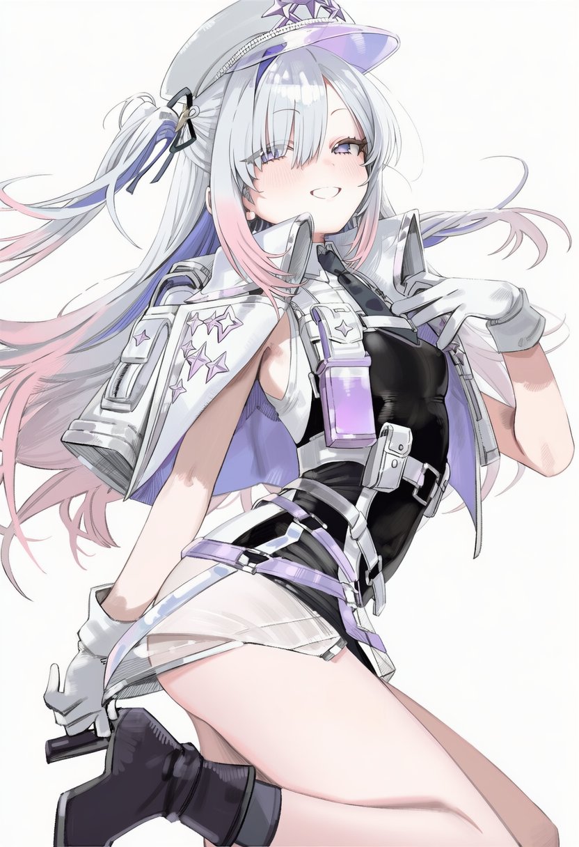 1girl bare_shoulders black_boots boots breasts bubu2kufo character_request copyright_request grey_hair high_heel_boots high_heels highres long_hair looking_at_viewer purple_eyes shirt side_ponytail simple_background small_breasts smile solo thighs white_background white_shirt