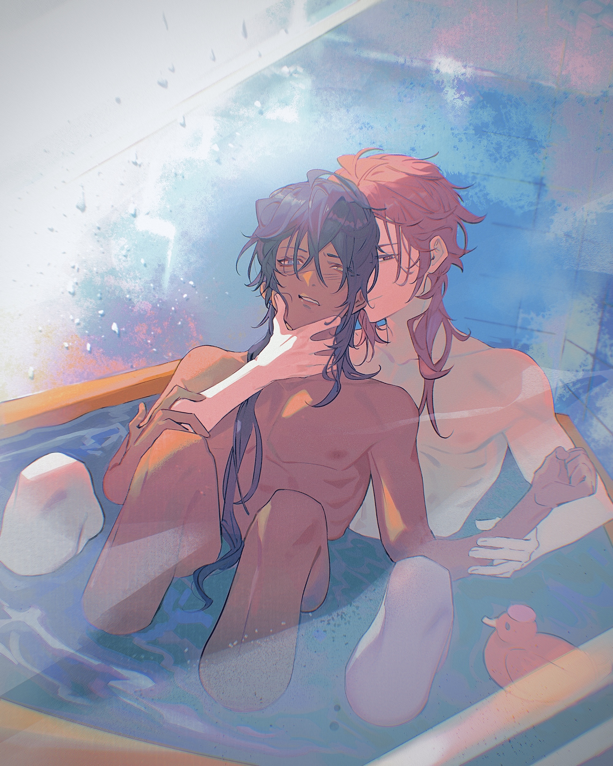 2boys :/ absurdres bathtub between_legs bishounen cheek_squash condensation crossed_bangs day diluc_(genshin_impact) furrowed_brow genshin_impact hair_over_shoulder half-closed_eyes hand_on_another's_arm hand_on_another's_face hand_up hiding hiding_behind_another highres incest indoors kaeya_(genshin_impact) knees_up leaning_on_person male_focus multiple_boys nipples nude parted_lips rattail reflection reflection_focus rubber_duck shared_bathing skinny smile toned toned_male unkempt venom309 water_censor yaoi