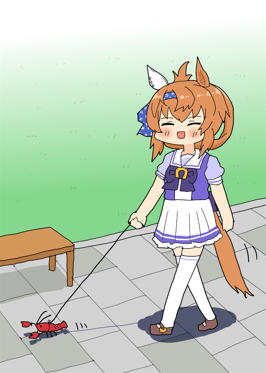 :d animal_ears ashitaba_tomorou bench blush chibi closed_eyes commentary_request crayfish ear_covers from_side full_body furioso_(umamusume) grass hair_ribbon holding holding_leash horse_ears horse_girl horse_tail horseshoe_ornament leash open_mouth orange_hair pet pet_walking ribbon school_uniform shadow shoes single_ear_cover sketch skirt smile tail tail_ornament tail_ribbon thighhighs tracen_school_uniform umamusume walking