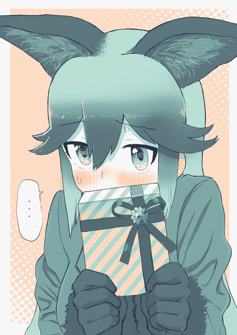 ... 1girl animal_ears blush box box_of_chocolates covering_face fox_ears fox_girl fur_trim gloves hair_between_eyes jacket kemono_friends long_hair long_sleeves looking_at_viewer sidelocks silver_fox_(kemono_friends) solo spoken_ellipsis sweatdrop yumeumi_sousaku