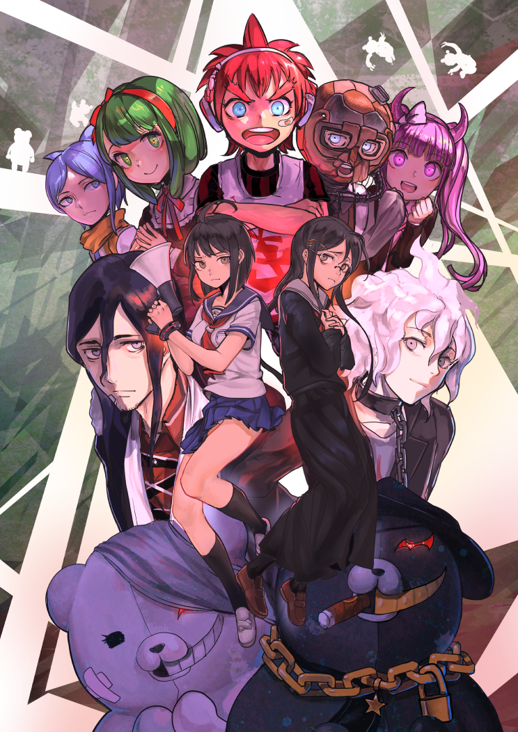 4boys 5girls ahoge blue_eyes blue_hair braid brown_hair daimon_masaru_(danganronpa) danganronpa_(series) danganronpa_another_episode:_ultra_despair_girls fukawa_toko green_eyes green_hair hairband kemuri_jataro komaeda_nagito kurokuma_(danganronpa) long_hair monokuma multiple_boys multiple_girls naegi_komaru nuda pink_eyes pink_hair red_eyes red_hair scarf school_uniform serafuku servant_(danganronpa) shingetsu_nagisa shirokuma_(danganronpa) short_hair skirt smile tongue tongue_out towa_haiji towa_monaca twin_braids twintails utsugi_kotoko very_long_hair