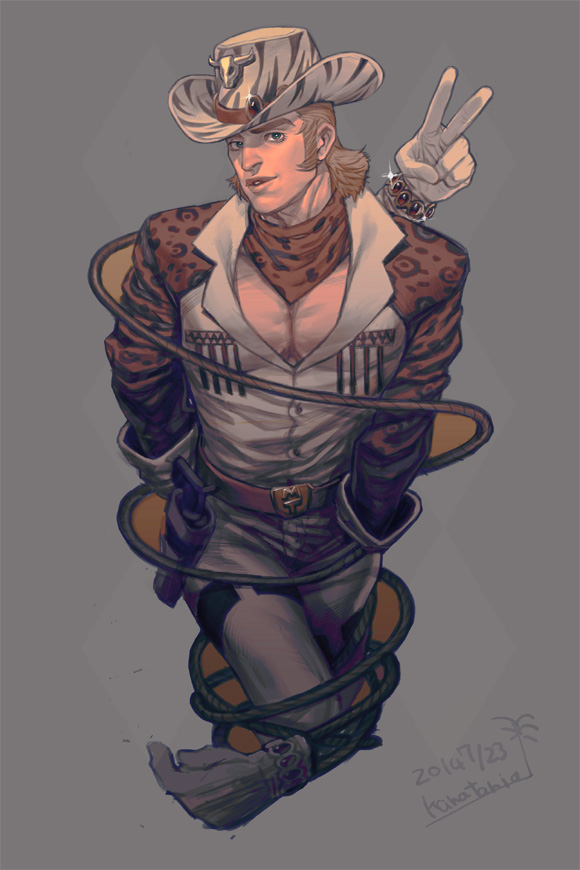 1boy blonde_hair cowboy cowboy_hat gloves hat jojo_no_kimyou_na_bouken kanataria lasso male_focus mountain_tim oh!_lonesome_me_(stand) solo stand_(jojo) steel_ball_run cowboy_western