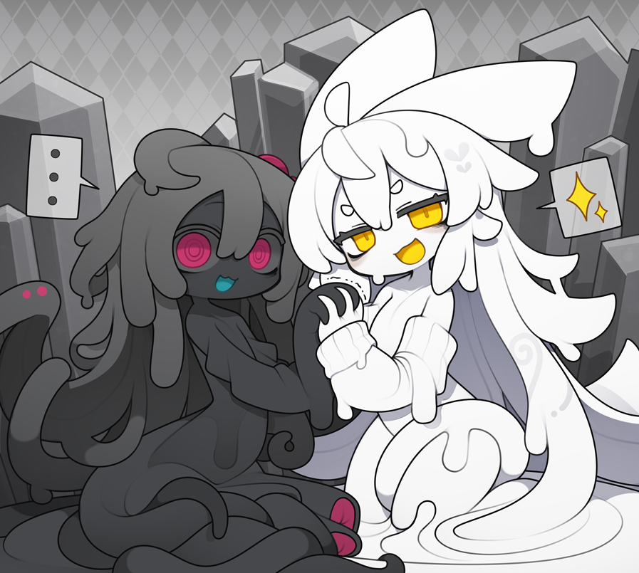... 2girls :3 ahoge argyle_background bags_under_eyes black_hair black_skin colored_sclera colored_skin commentary_request crystal deformed detached_sleeves dorodra_(kisaragi_kaya) dripping flat_chest full_body grey_background grey_sclera holding_hands interlocked_fingers jitome kisaragi_kaya li-li_(kisaragi_kaya) long_hair looking_at_viewer monster_girl multiple_girls open_mouth original red_eyes slime_girl slit_pupils smile spoken_ellipsis spoken_sparkle tentacle_hair tentacles thick_eyebrows very_long_hair white_hair white_skin yellow_eyes